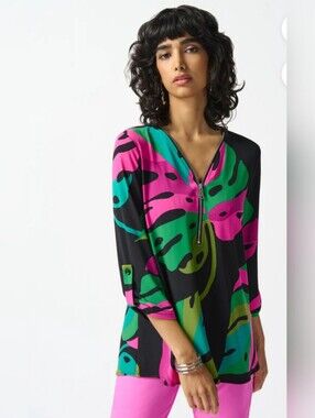 Joseph Ribkoff Zipper Detail Palm Print Top Style 242232 Black